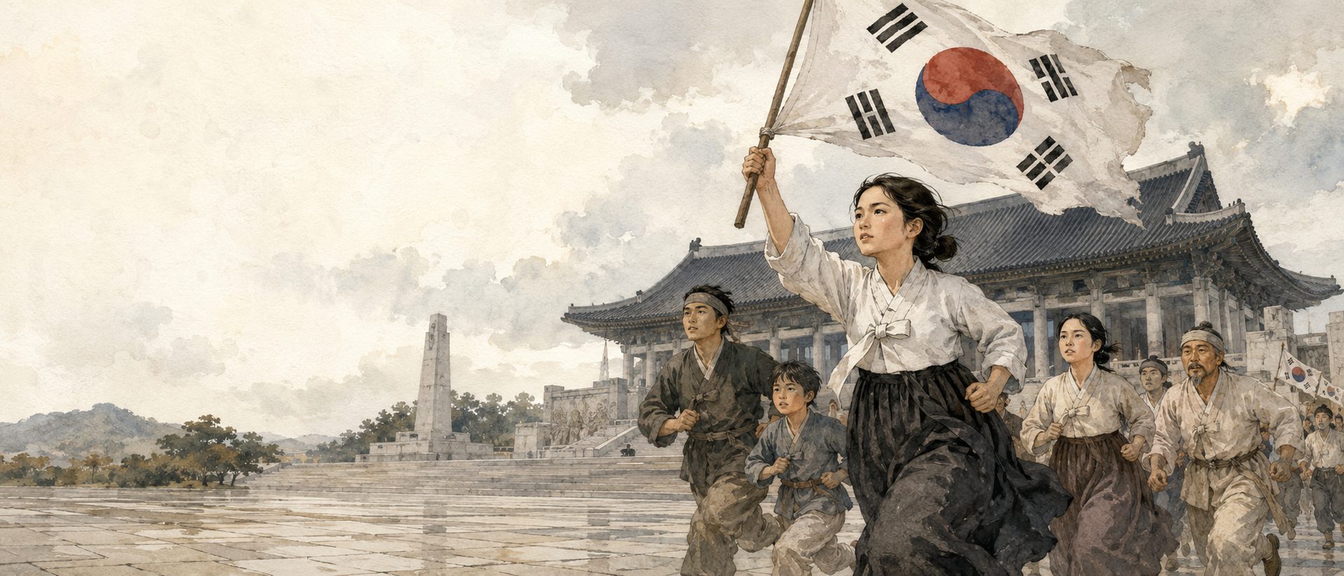 독립기념관 겨레의 큰 마당에서 태극기를 든 여성을 선두로 여러 사람이 함께 달리는 수채화 그림
