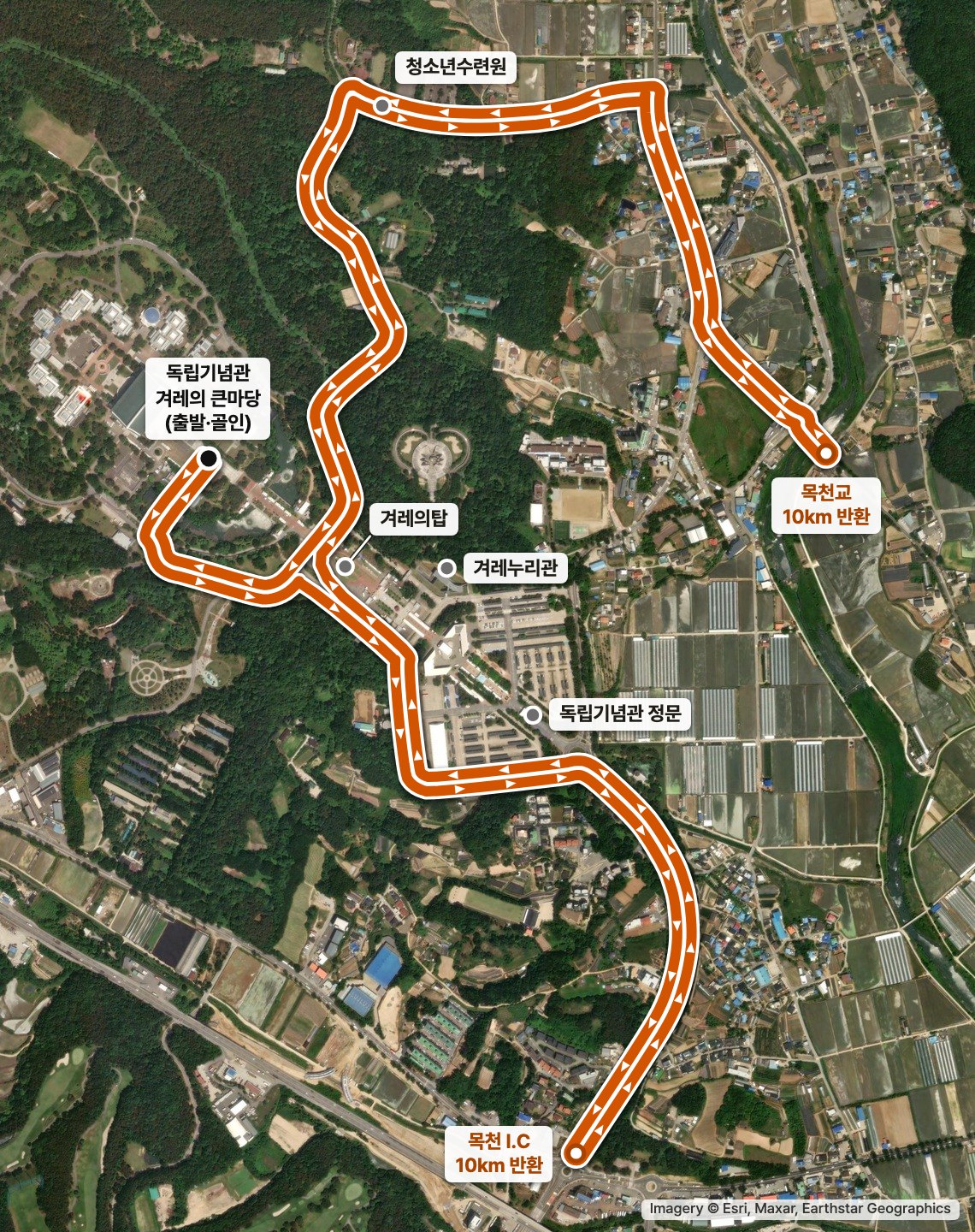 10km 코스 — 위성사진 위에 경로와 경유지를 표시한 그림